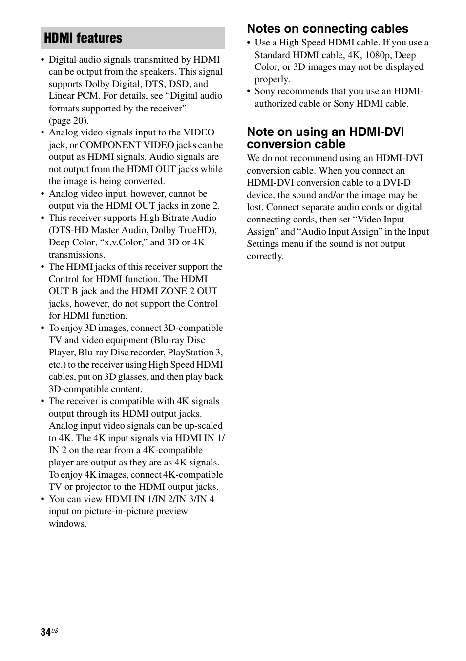 Hdmi features | Sony STR-DA2800ES User Manual | Page 34 / 138