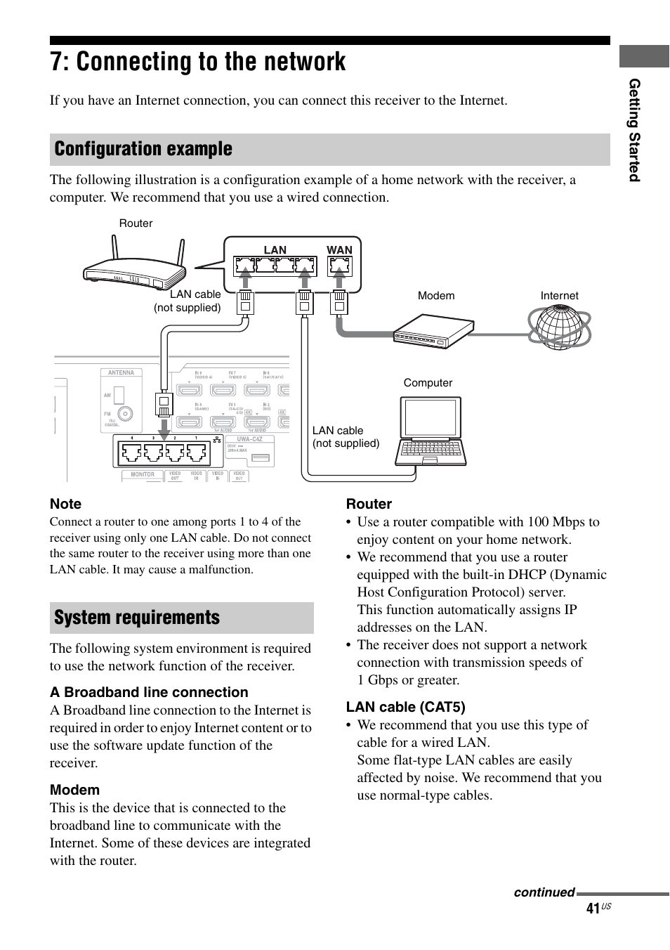 Connecting to the network, Configuration example, System requirements | Sony STR-DA2800ES User Manual | Page 41 / 138