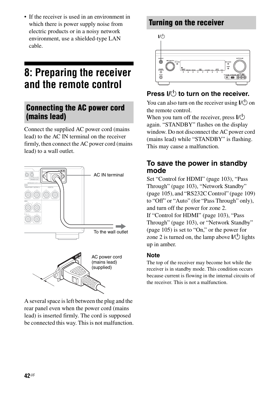Preparing the receiver and the remote control, Preparing the receiver and the remote, Control | Connecting the ac power cord (mains lead), Turning on the receiver | Sony STR-DA2800ES User Manual | Page 42 / 138