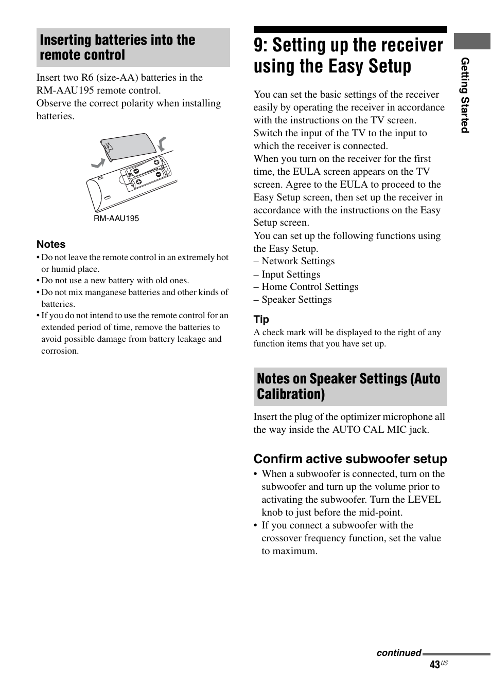 Setting up the receiver using the easy setup, Setting up the receiver using the easy, Setup | Inserting batteries into the remote control, Confirm active subwoofer setup | Sony STR-DA2800ES User Manual | Page 43 / 138