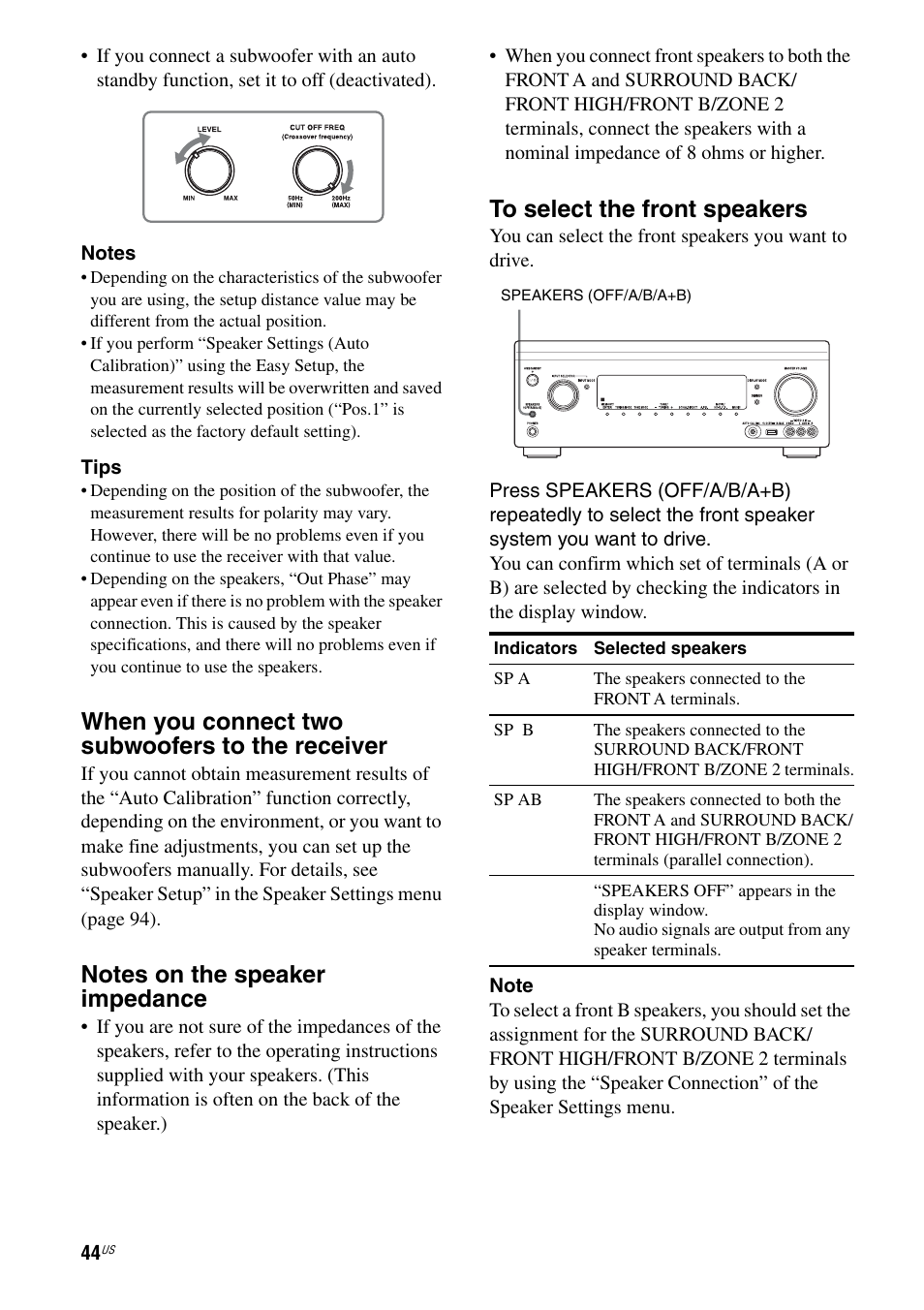 When you connect two subwoofers to the receiver | Sony STR-DA2800ES User Manual | Page 44 / 138