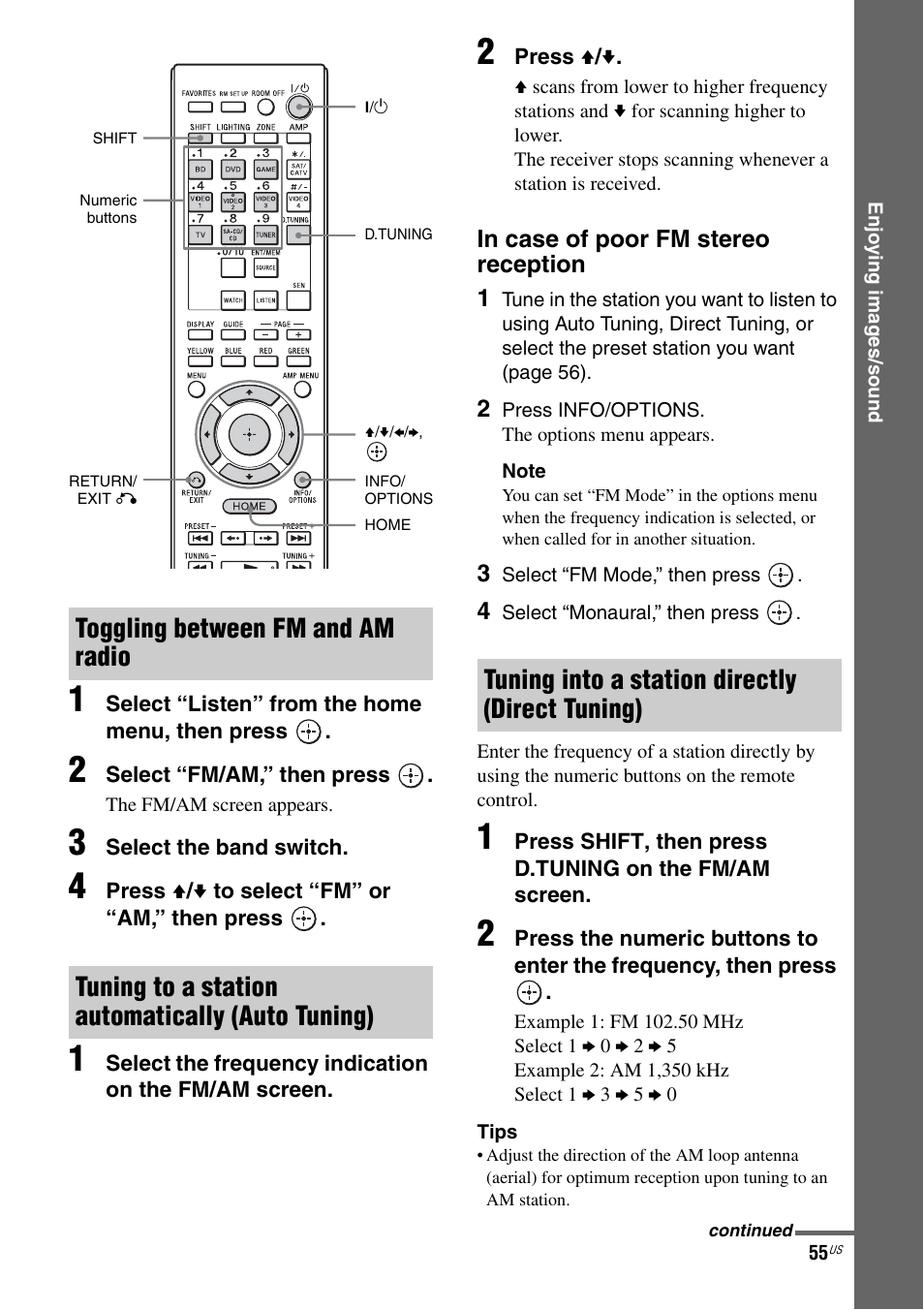 Tuning into a station directly (direct tuning) | Sony STR-DA2800ES User Manual | Page 55 / 138