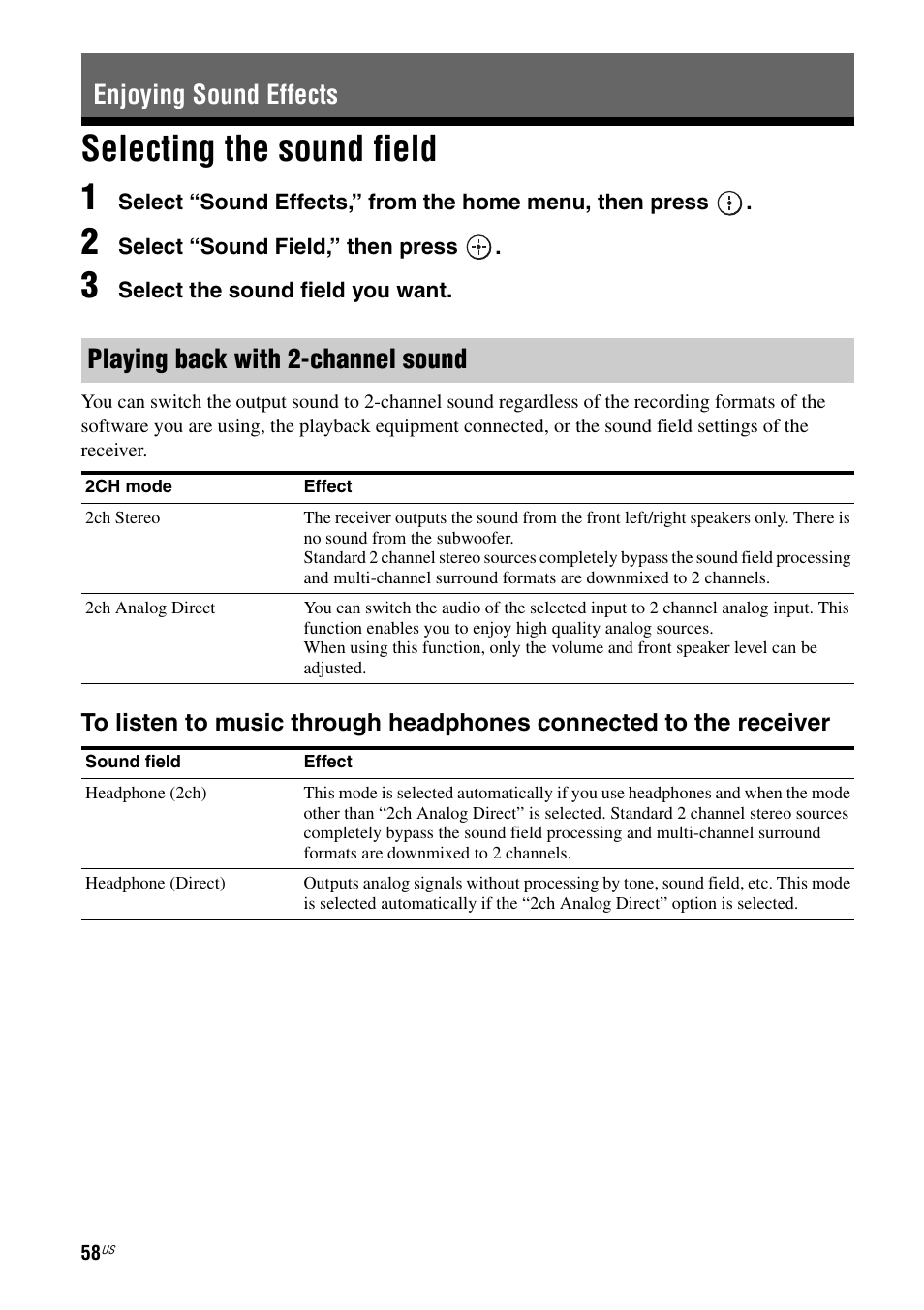 Enjoying sound effects, Selecting the sound field, Selecting the sound field 1 | Sony STR-DA2800ES User Manual | Page 58 / 138