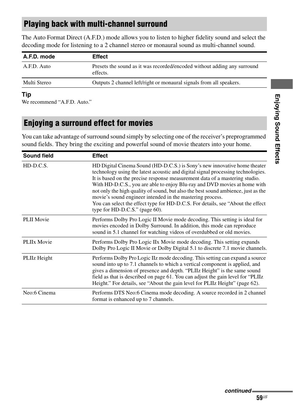 Playing back with multi-channel surround, Enjoying a surround effect for movies | Sony STR-DA2800ES User Manual | Page 59 / 138