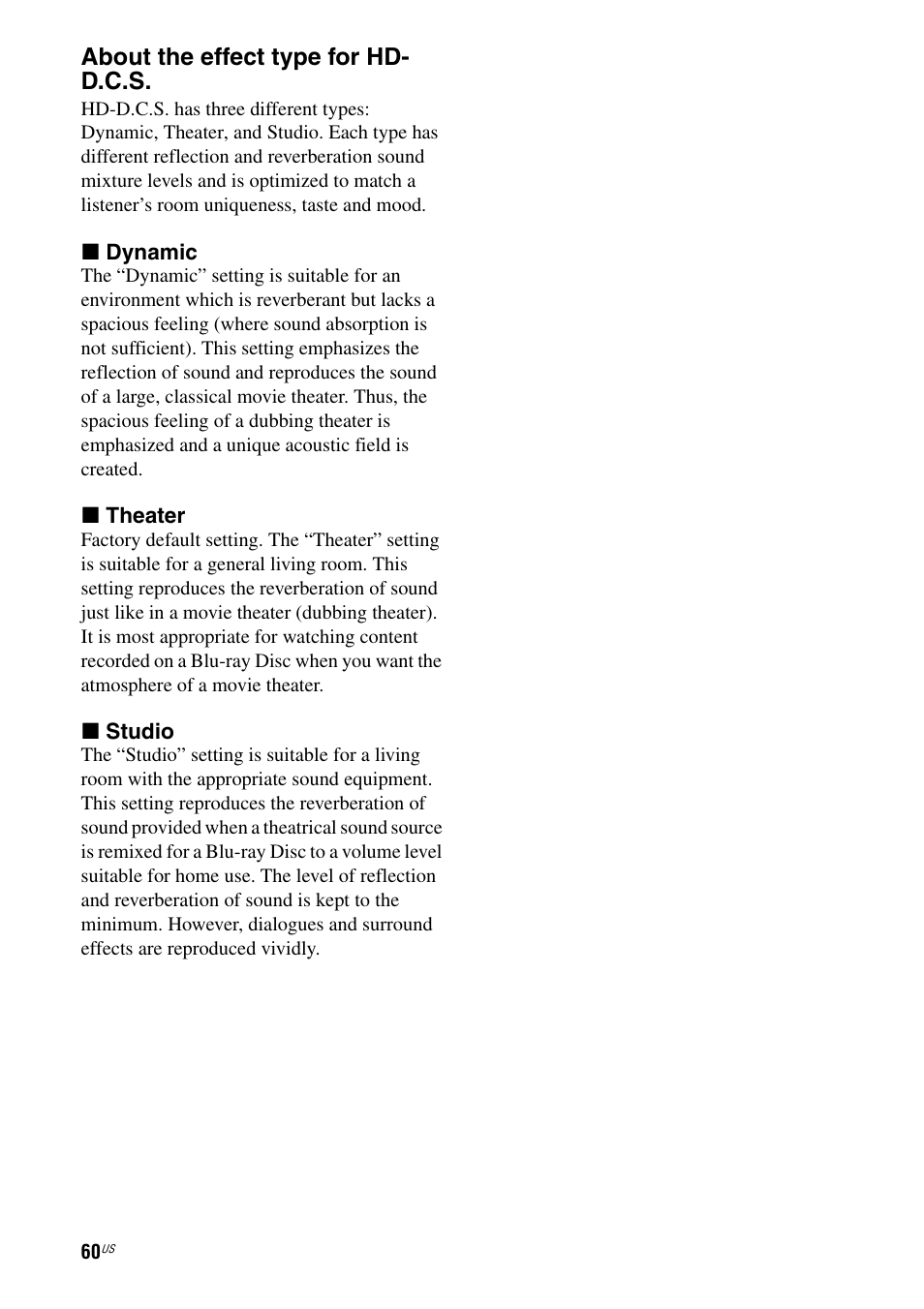 About the effect type for hd- d.c.s | Sony STR-DA2800ES User Manual | Page 60 / 138