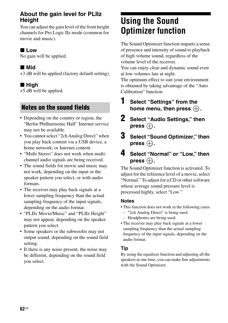 Using the sound optimizer function | Sony STR-DA2800ES User Manual | Page 62 / 138