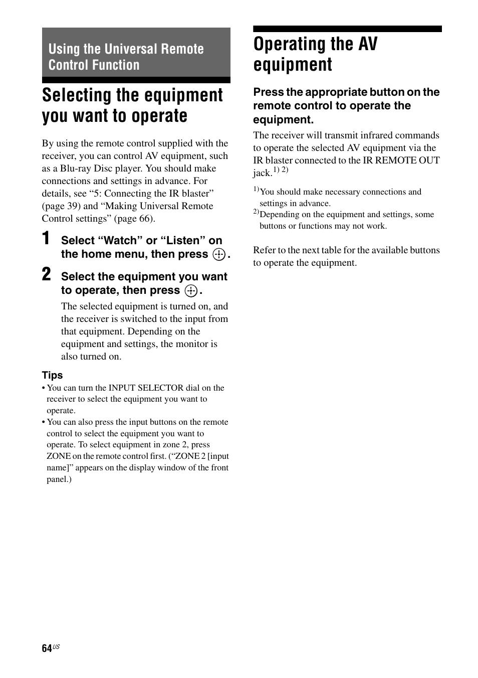 Using the universal remote control function, Selecting the equipment you want to operate, Operating the av equipment | Selecting the equipment you want to, Operate | Sony STR-DA2800ES User Manual | Page 64 / 138