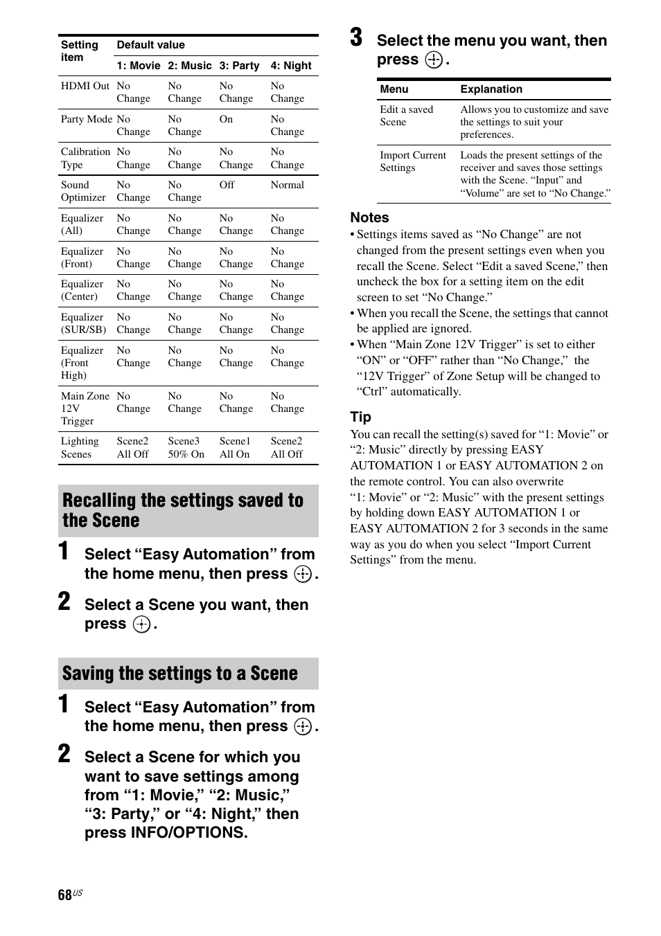 Select a scene you want, then press, Select the menu you want, then press | Sony STR-DA2800ES User Manual | Page 68 / 138