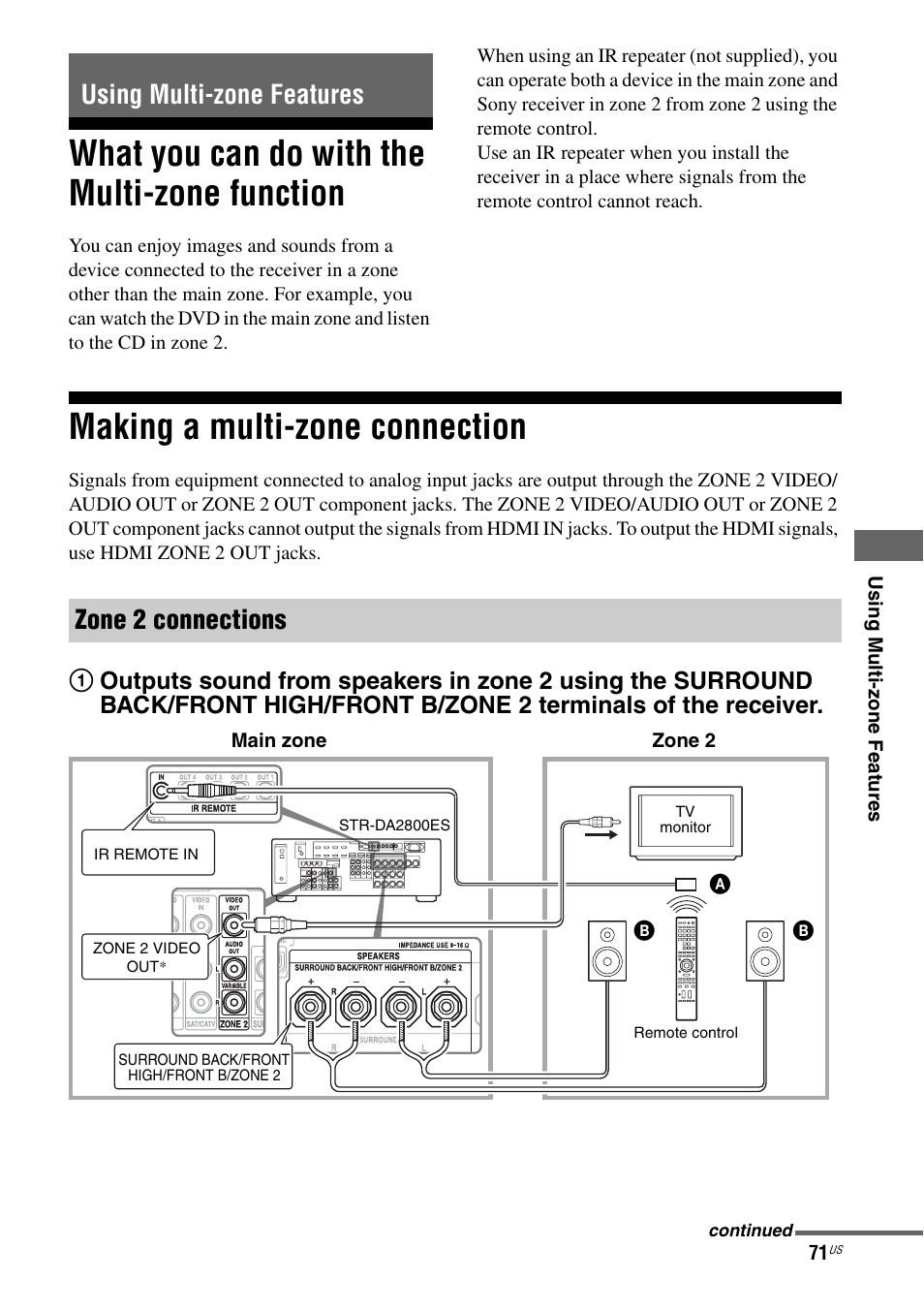 Using multi-zone features, What you can do with the multi-zone function, Making a multi-zone connection | What you can do with the multi-zone, Function, Using multi-zone features zone 2 connections | Sony STR-DA2800ES User Manual | Page 71 / 138