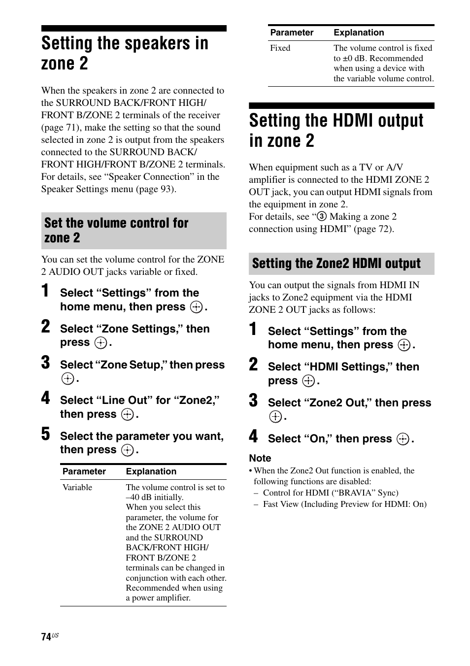 Setting the speakers in zone 2, Setting the hdmi output in zone 2 | Sony STR-DA2800ES User Manual | Page 74 / 138