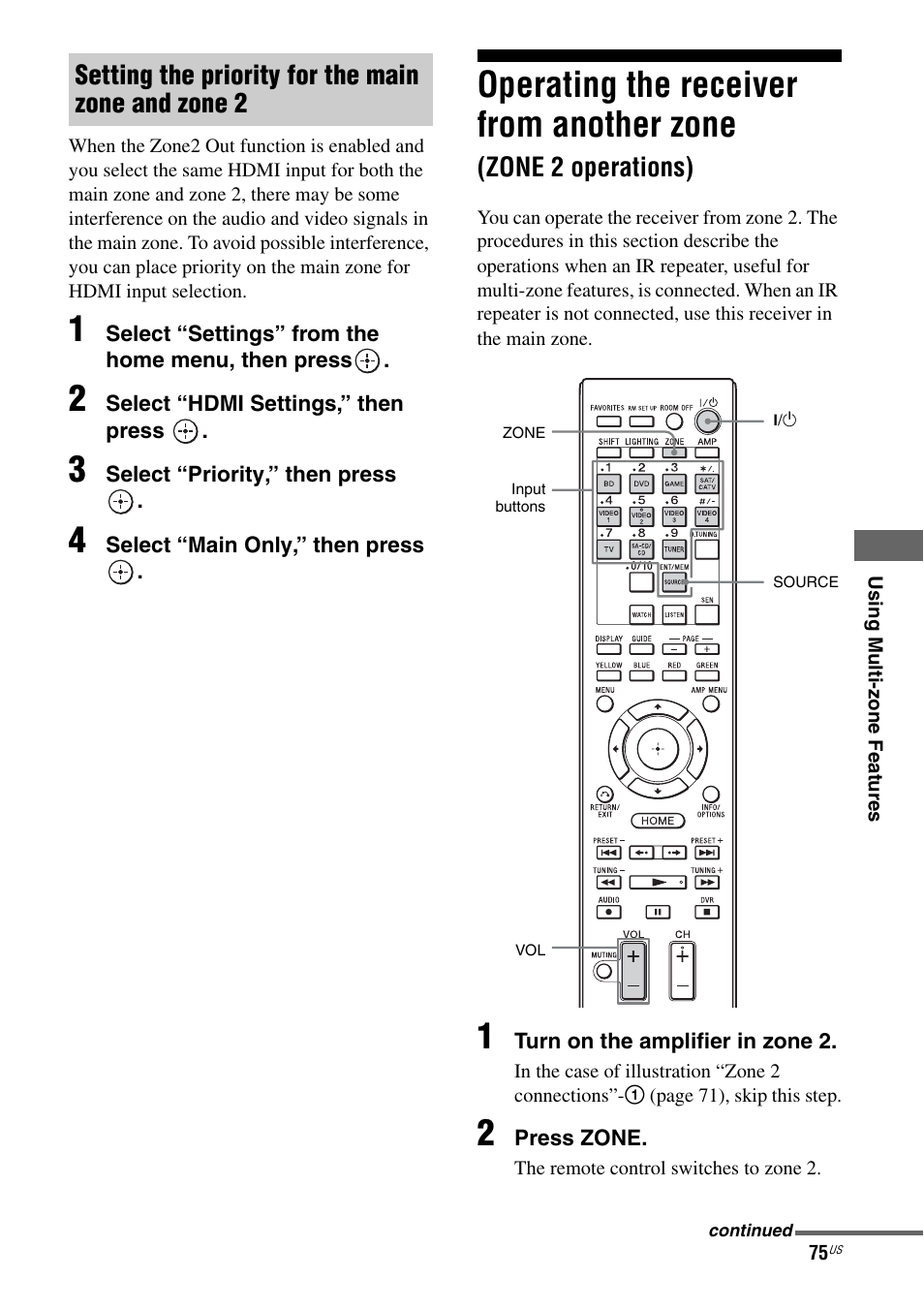 Operating the receiver from another zone, Zone 2 operations), Setting the priority for the main zone and zone 2 | Sony STR-DA2800ES User Manual | Page 75 / 138