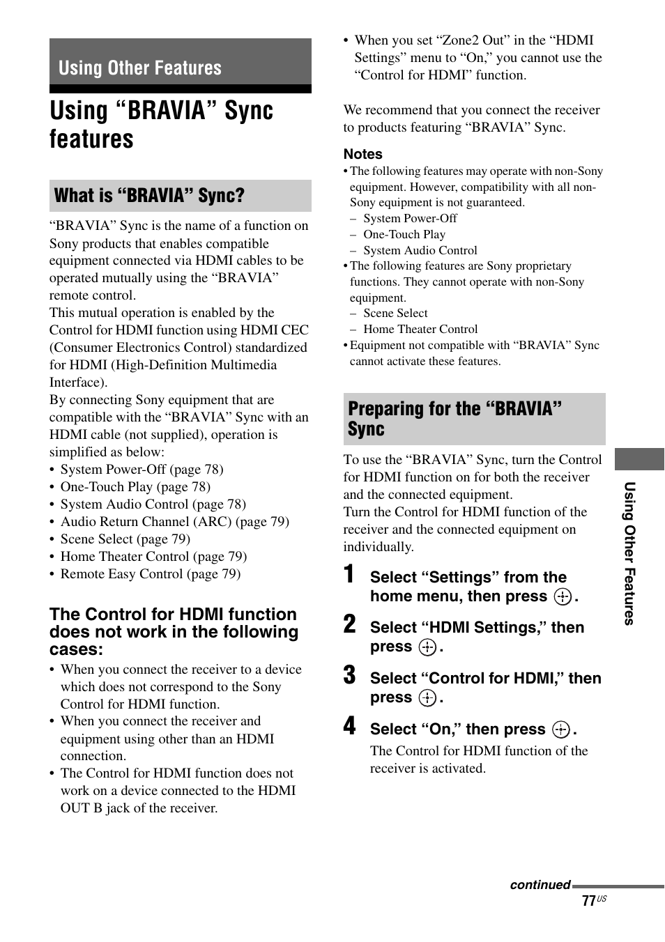 Using other features, Using “bravia” sync features | Sony STR-DA2800ES User Manual | Page 77 / 138