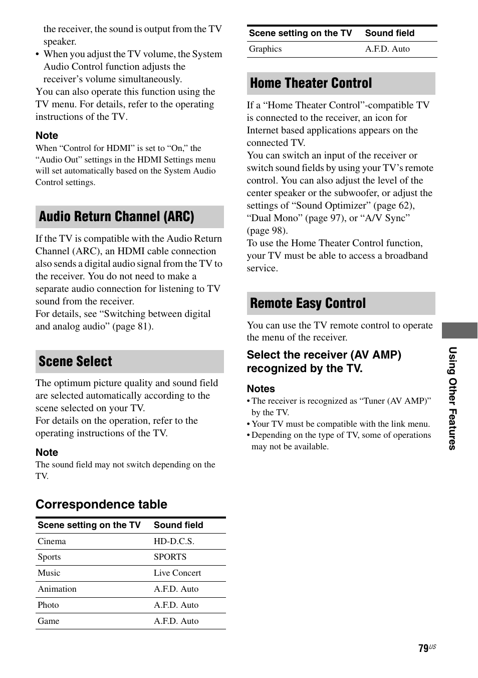 Audio return channel (arc) scene select, Home theater control remote easy control, Correspondence table | Sony STR-DA2800ES User Manual | Page 79 / 138