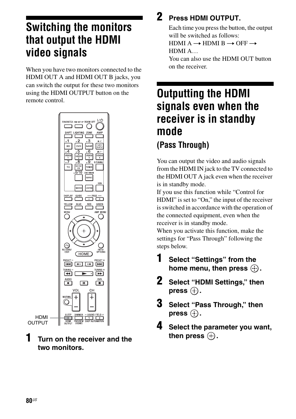 Switching the monitors that output the hdmi, Video signals, Outputting the hdmi signals even when the | Receiver is in standby mode (pass through) | Sony STR-DA2800ES User Manual | Page 80 / 138