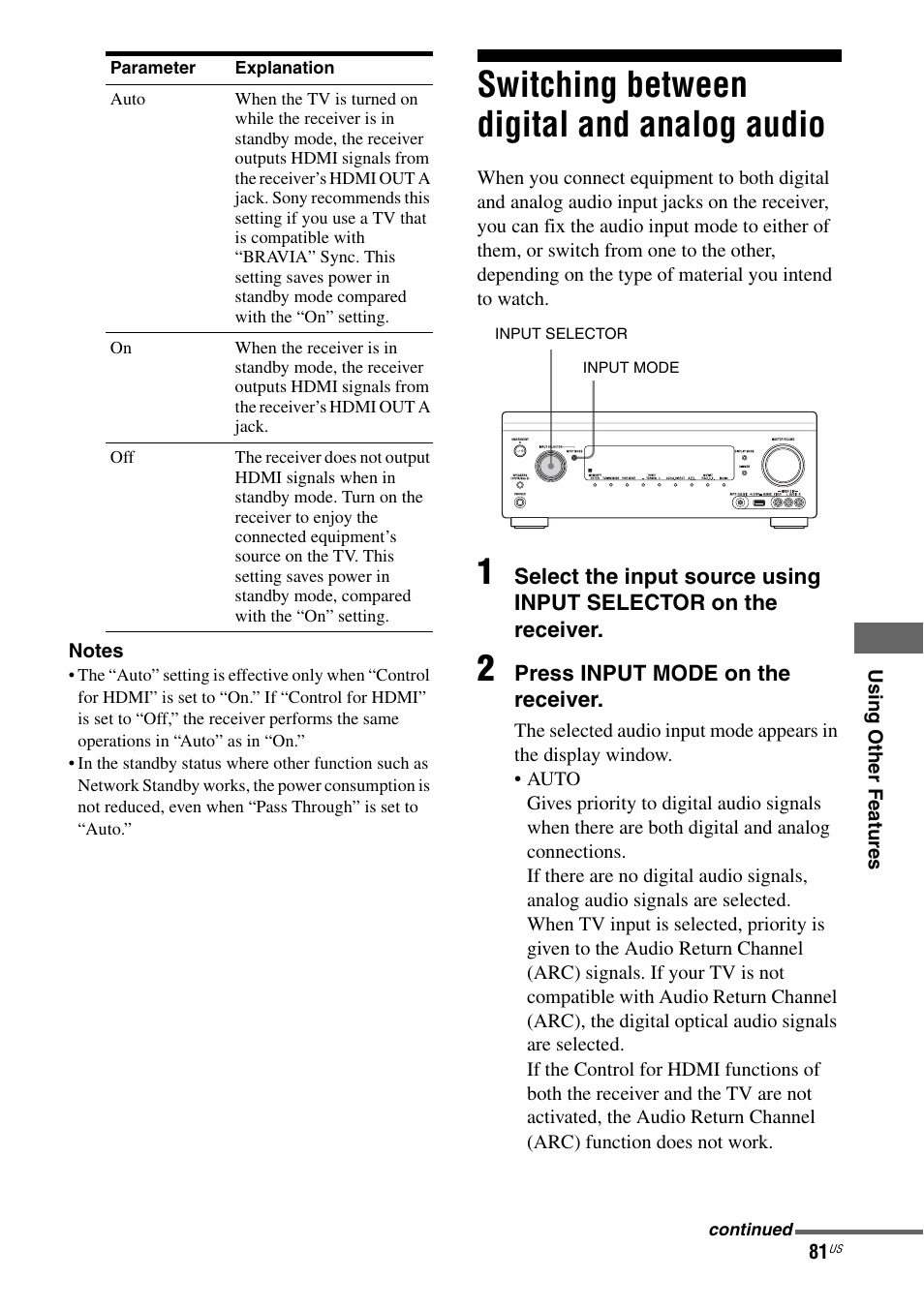 Switching between digital and analog audio, Switching between digital and analog, Audio | Sony STR-DA2800ES User Manual | Page 81 / 138