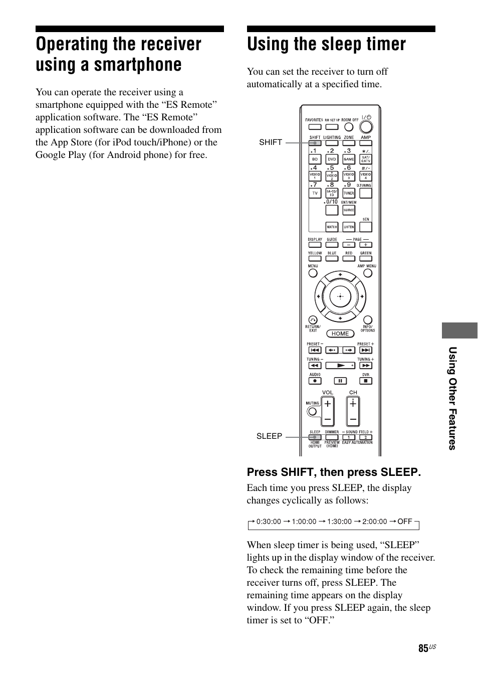 Operating the receiver using a smartphone, Using the sleep timer, Operating the receiver using | A smartphone | Sony STR-DA2800ES User Manual | Page 85 / 138