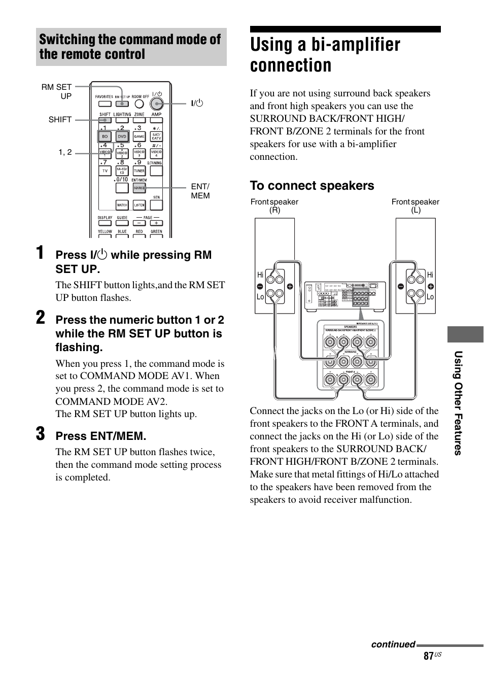 Using a bi-amplifier connection, Switching the command mode of the remote control | Sony STR-DA2800ES User Manual | Page 87 / 138