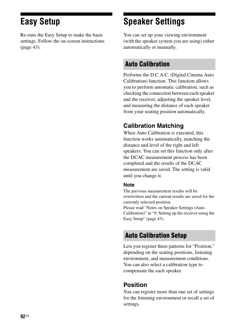 Easy setup, Speaker settings, Easy setup speaker settings | Auto calibration auto calibration setup | Sony STR-DA2800ES User Manual | Page 92 / 138
