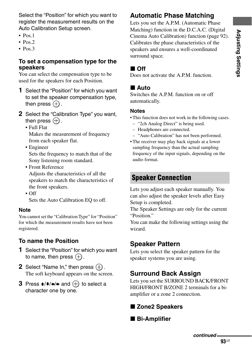 Speaker connection, Automatic phase matching, Speaker pattern | Surround back assign | Sony STR-DA2800ES User Manual | Page 93 / 138