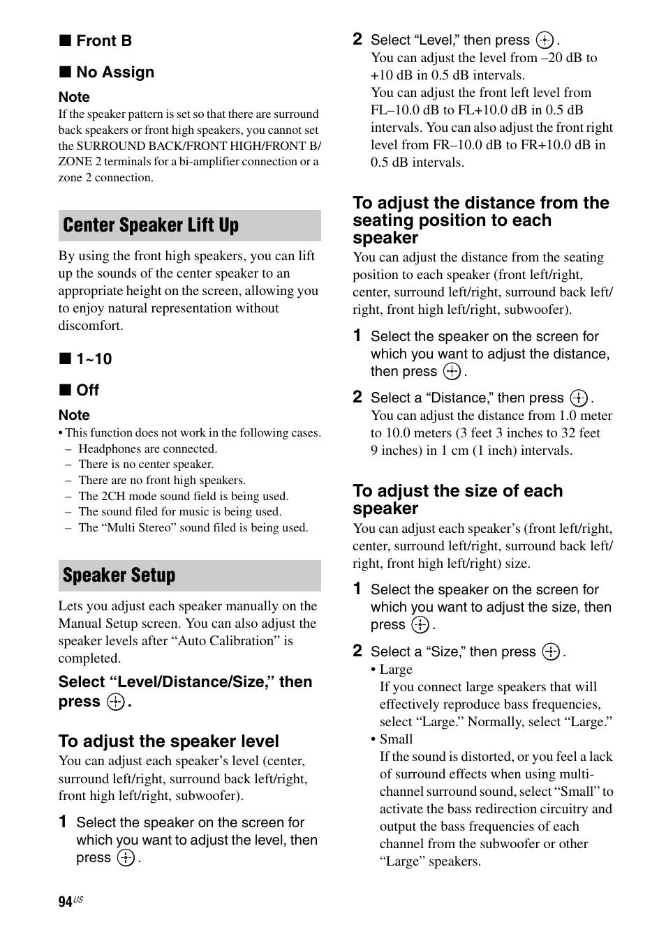 Center speaker lift up speaker setup | Sony STR-DA2800ES User Manual | Page 94 / 138