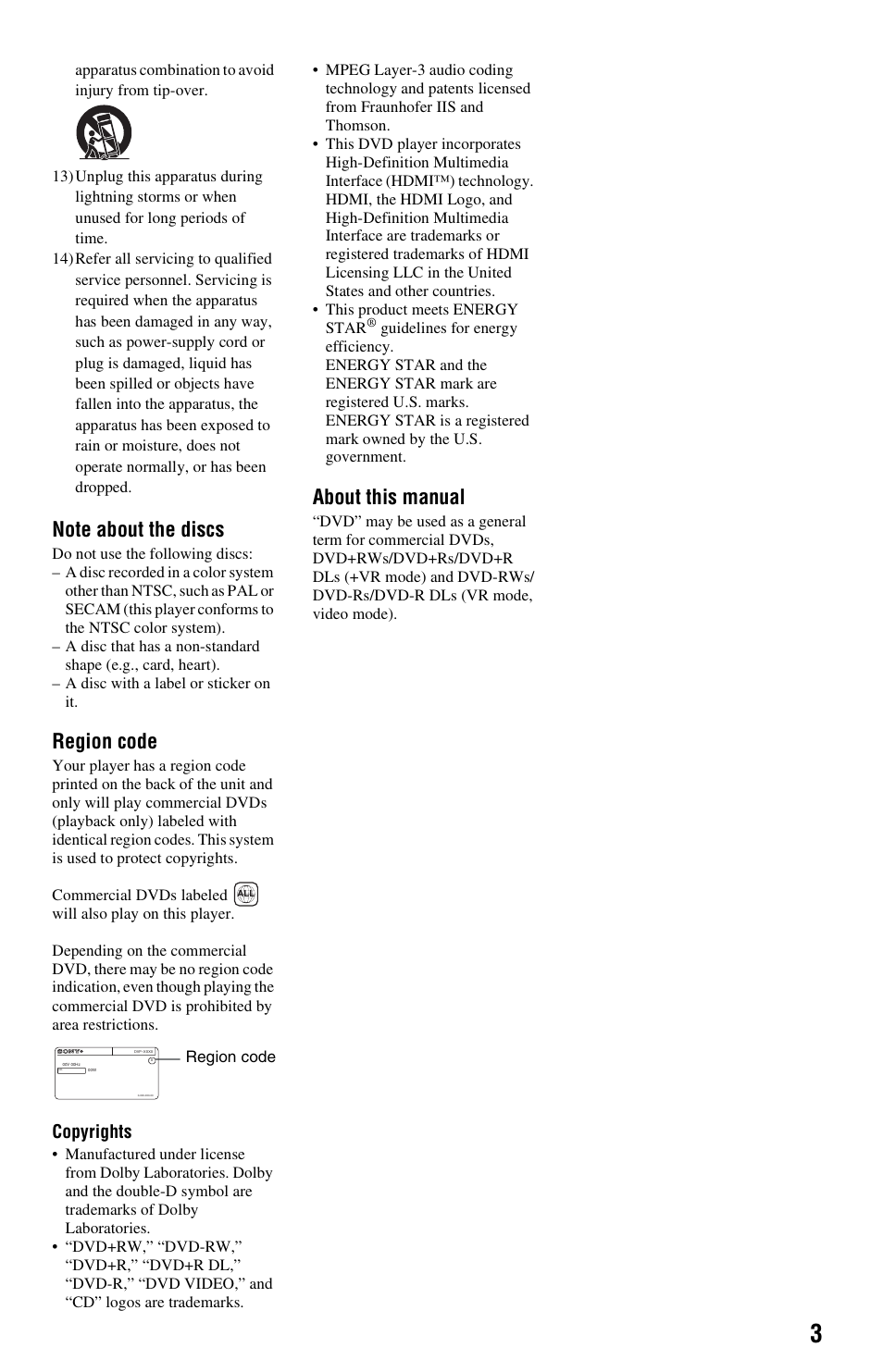 Region code, About this manual, Copyrights | Sony DVP-SR500H User Manual | Page 3 / 12