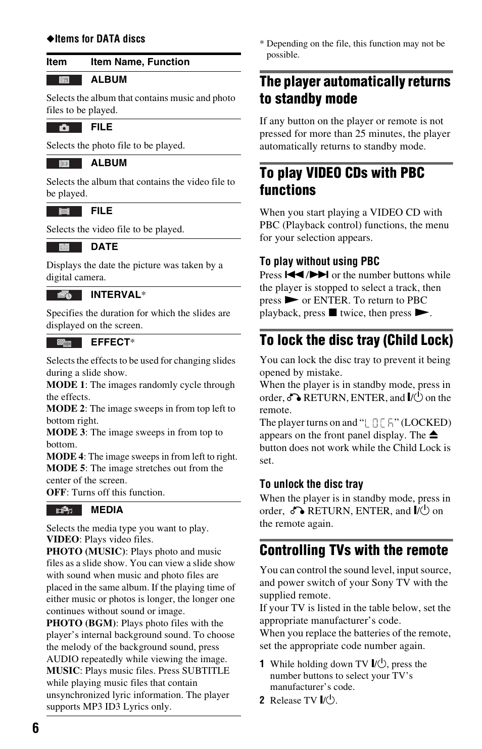 The player automatically returns to standby mode, To play video cds with pbc functions, To lock the disc tray (child lock) | Controlling tvs with the remote | Sony DVP-SR500H User Manual | Page 6 / 12