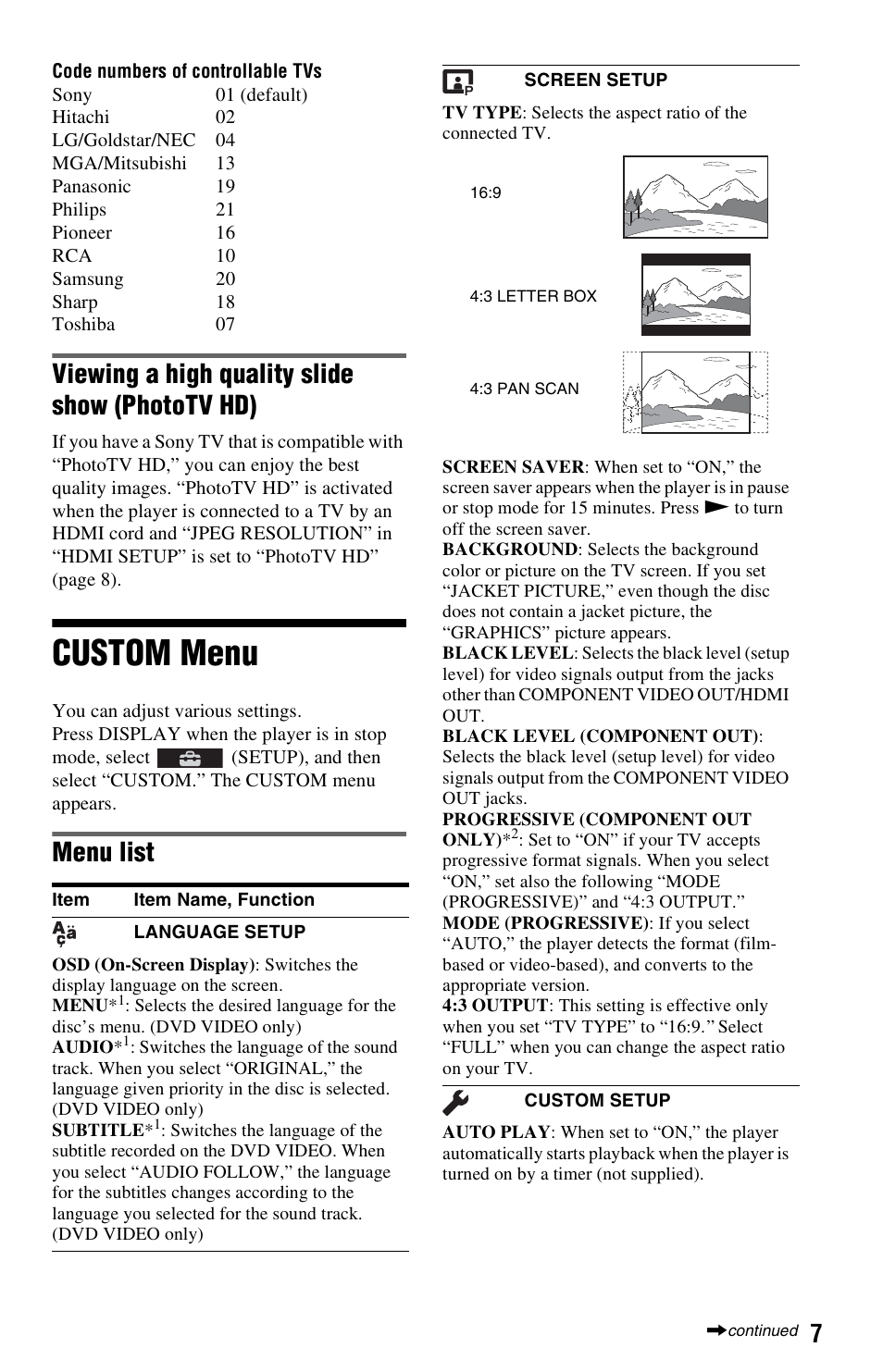 Viewing a high quality slide show (phototv hd), Custom menu, Menu list | Sony DVP-SR500H User Manual | Page 7 / 12