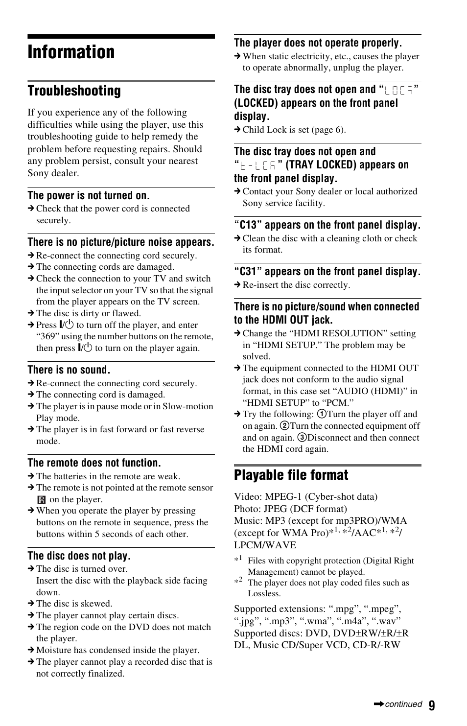 Information, Troubleshooting, Playable file format | Sony DVP-SR500H User Manual | Page 9 / 12
