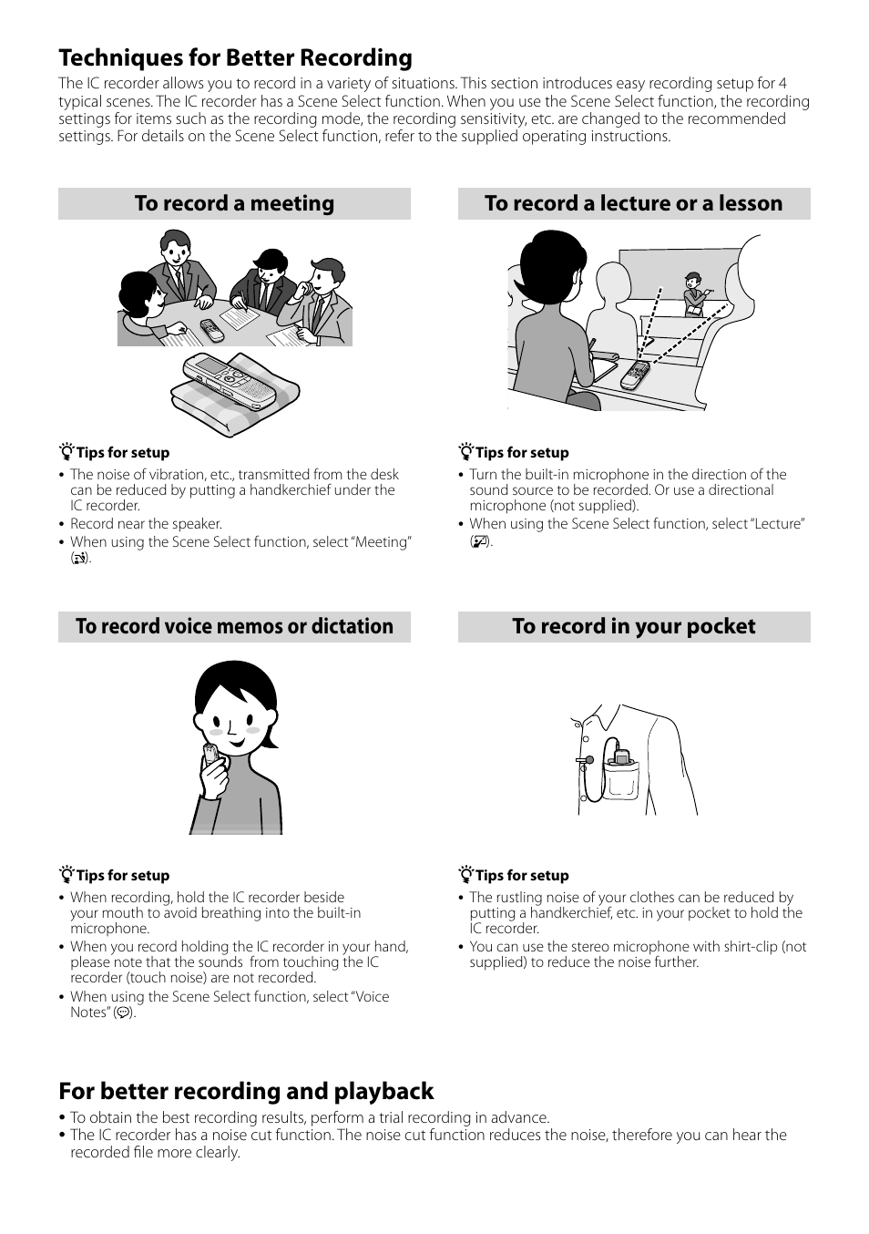 Techniques for better recording, For better recording and playback | Sony ICD-PX312 User Manual | Page 2 / 2