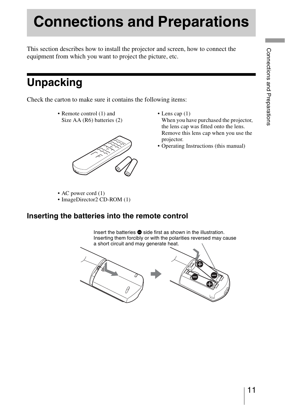 Connections and preparations, Unpacking | Sony VPL-VW50 User Manual | Page 11 / 80