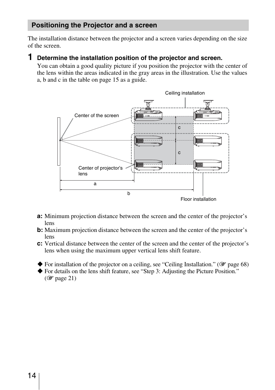 Positioning the projector and a screen, Positioning the projector and a, Screen | Sony VPL-VW50 User Manual | Page 14 / 80