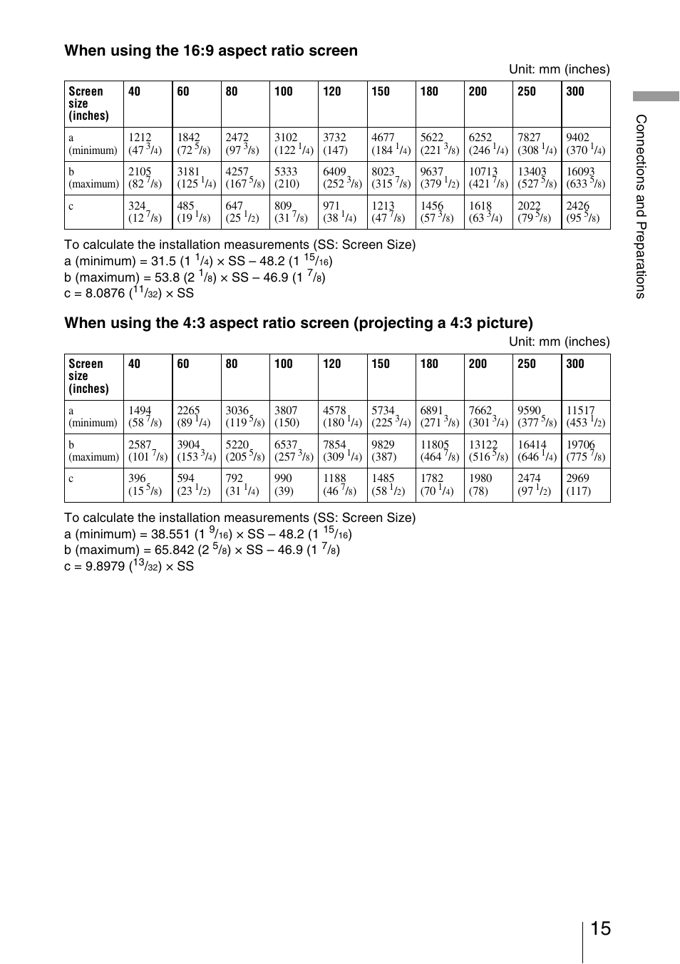 When using the 16:9 aspect ratio screen, Co n nec tio n s an d pr epa ra tio n s | Sony VPL-VW50 User Manual | Page 15 / 80