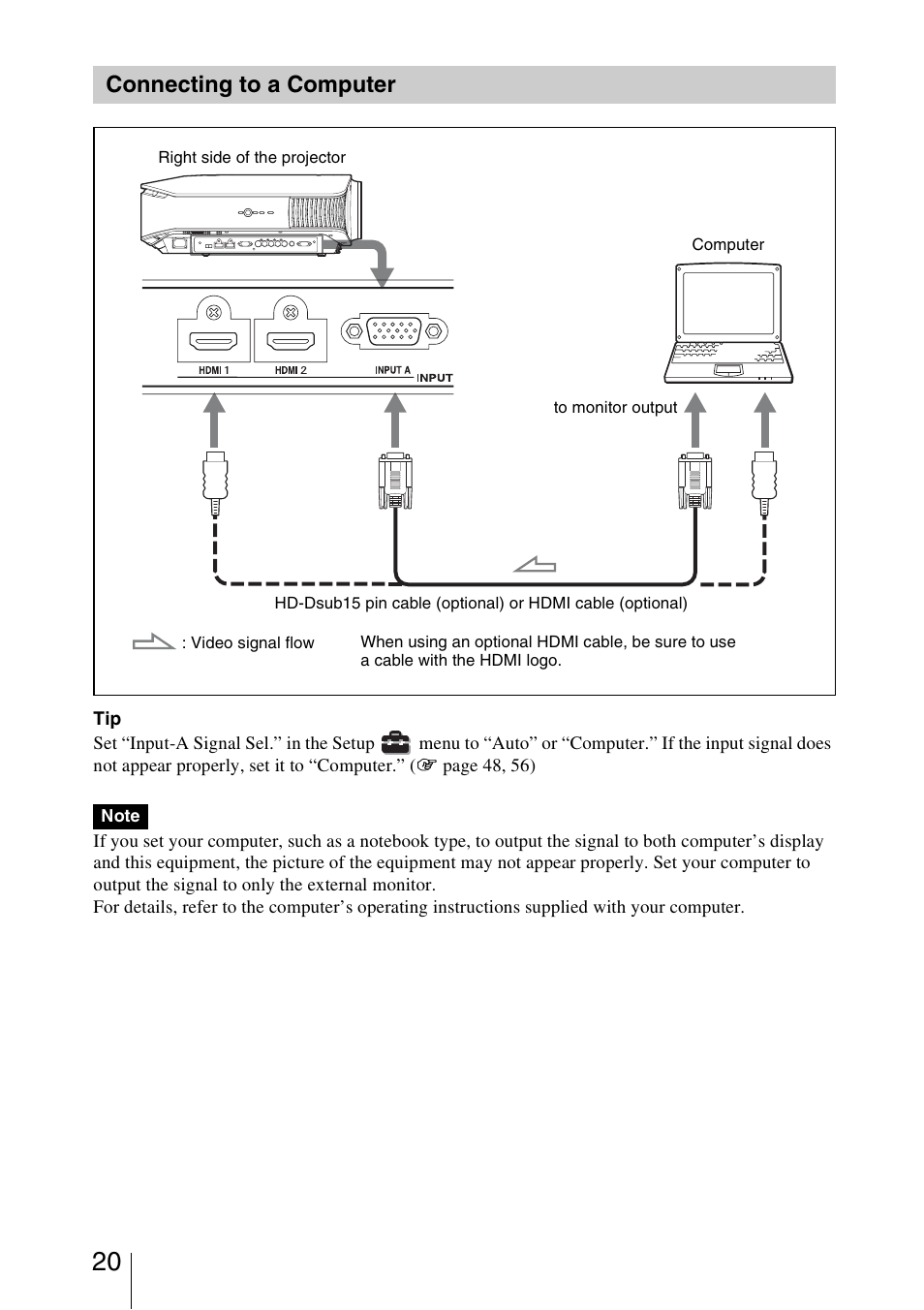 Connecting to a computer | Sony VPL-VW50 User Manual | Page 20 / 80