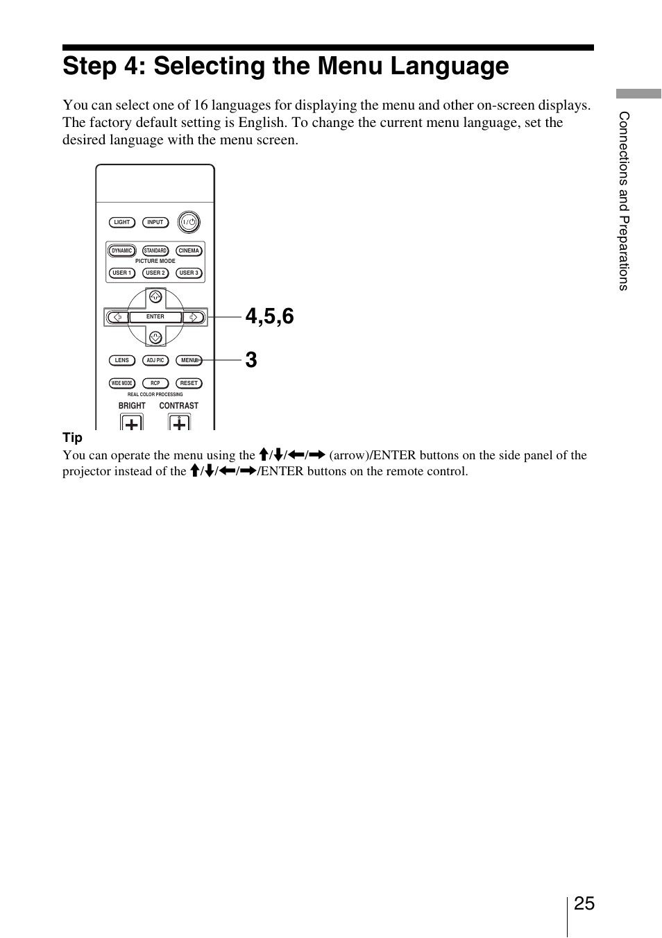 Step 4: selecting the menu language, Co n nec tio n s an d pr epa ra tio n s | Sony VPL-VW50 User Manual | Page 25 / 80