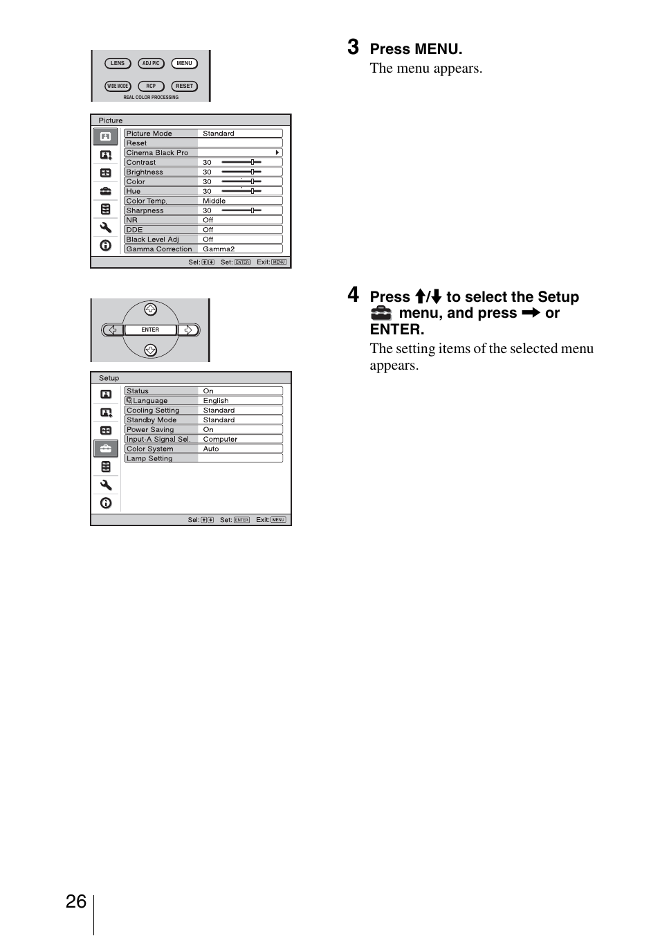 Press menu. the menu appears | Sony VPL-VW50 User Manual | Page 26 / 80