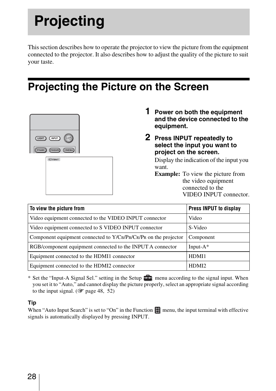 Projecting, Projecting the picture on the screen | Sony VPL-VW50 User Manual | Page 28 / 80