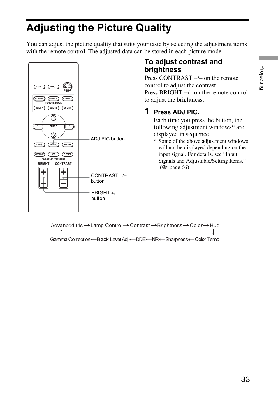 Adjusting the picture quality, Pr oj ec ting | Sony VPL-VW50 User Manual | Page 33 / 80