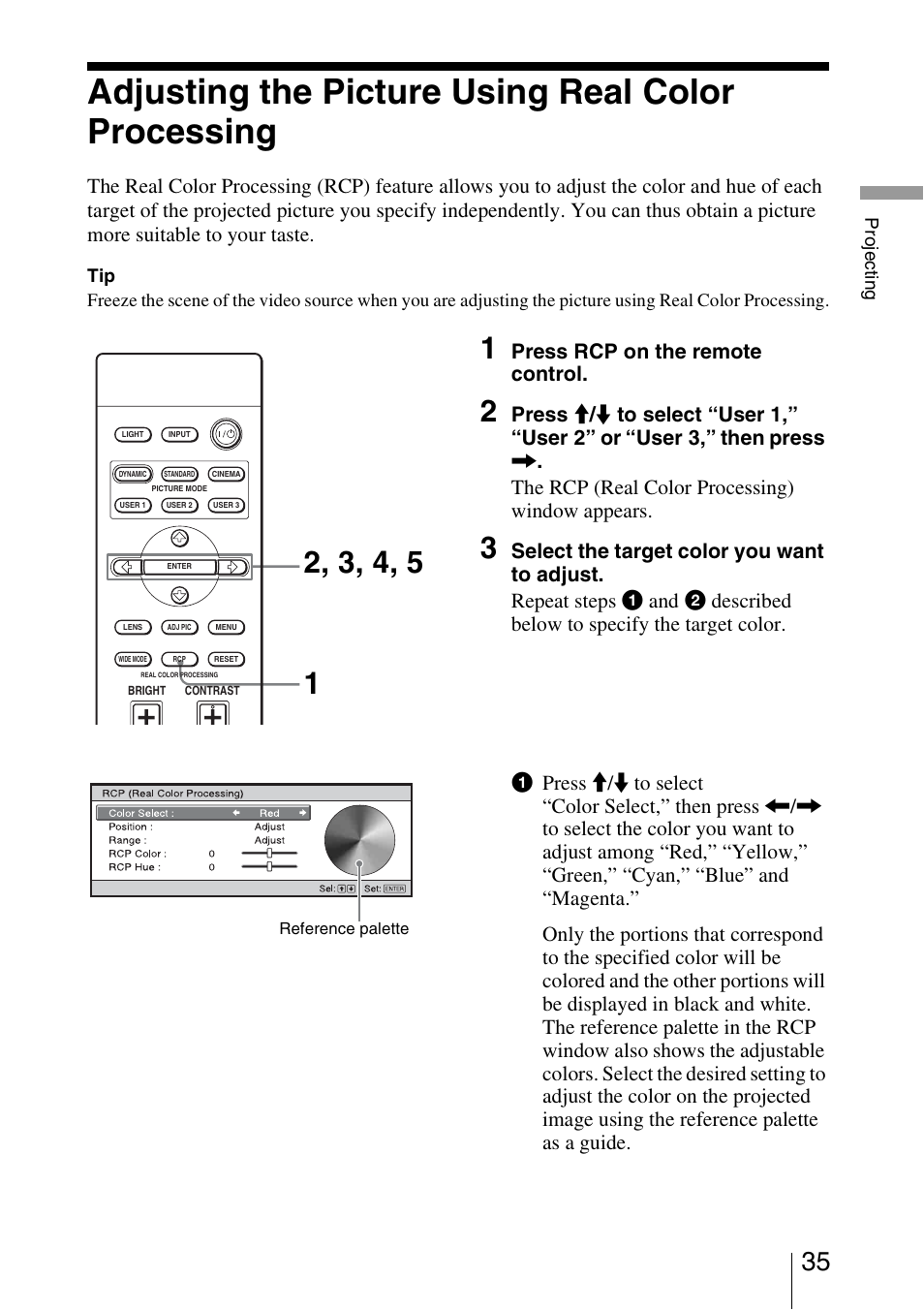 Adjusting the picture using real color processing, Press rcp on the remote control, Press | The rcp (real color processing) window appears | Sony VPL-VW50 User Manual | Page 35 / 80