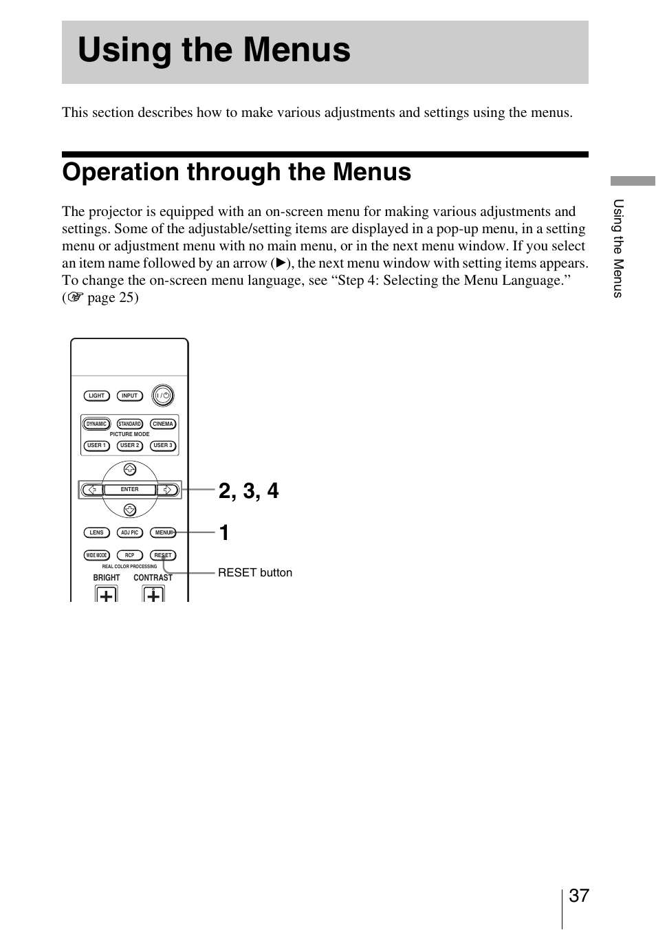 Using the menus, Operation through the menus | Sony VPL-VW50 User Manual | Page 37 / 80