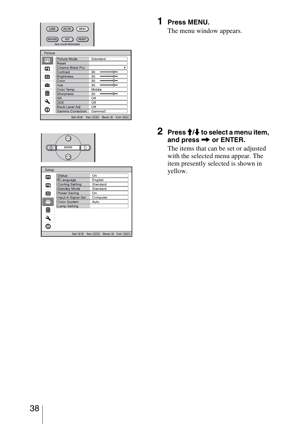 Press menu. the menu window appears | Sony VPL-VW50 User Manual | Page 38 / 80