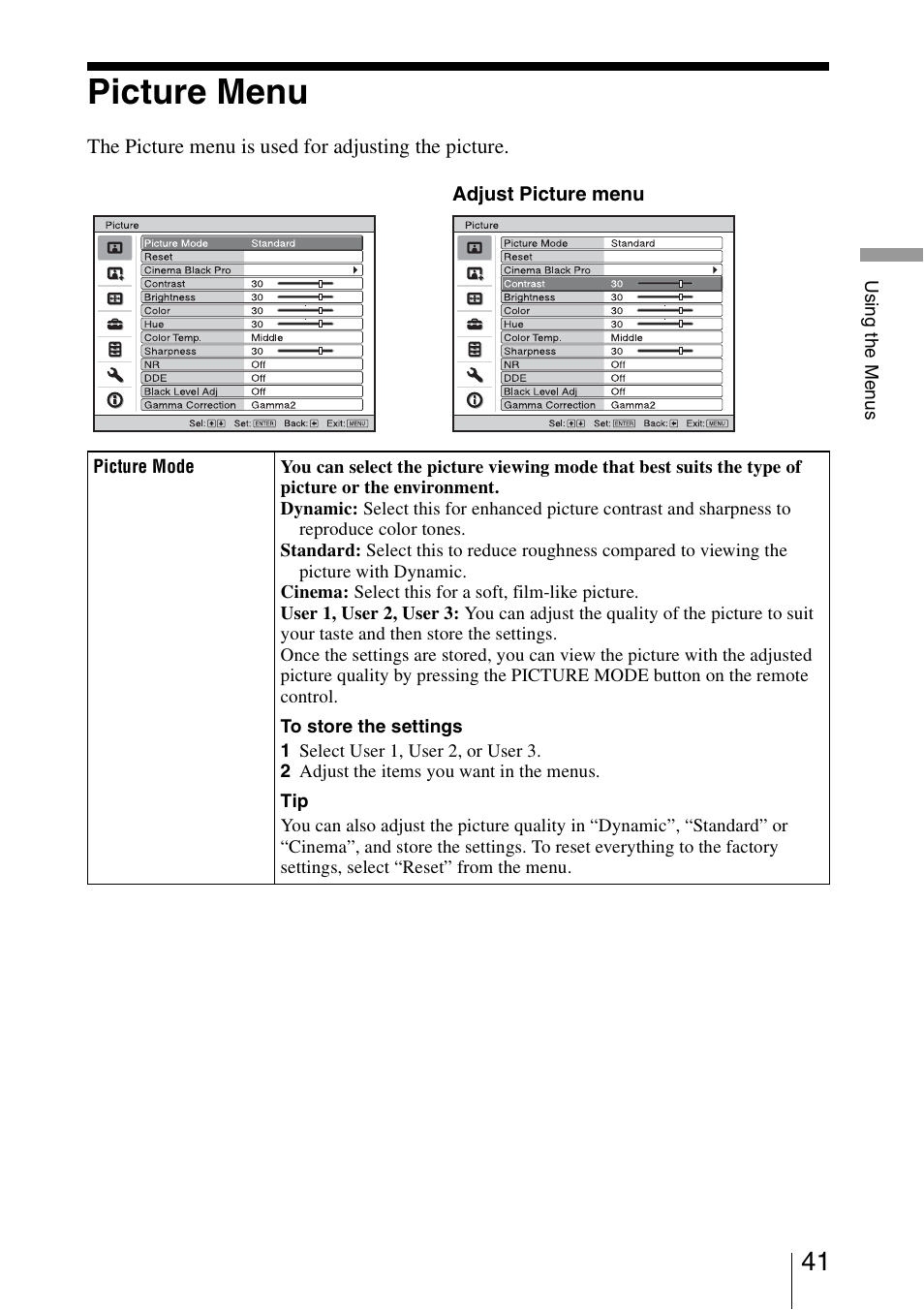Picture menu | Sony VPL-VW50 User Manual | Page 41 / 80
