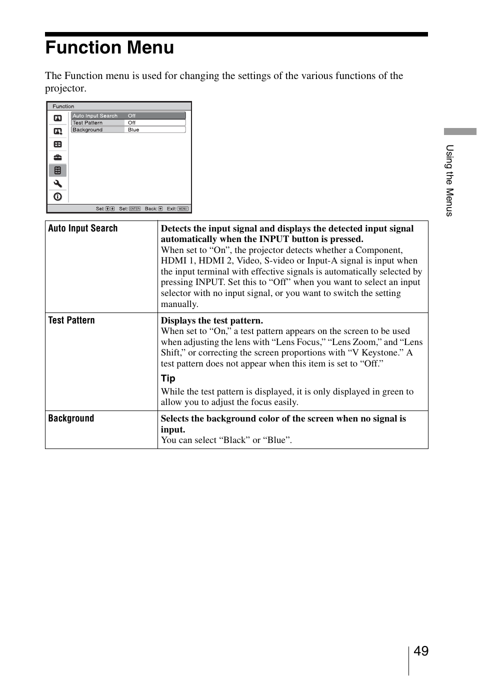 Function menu | Sony VPL-VW50 User Manual | Page 49 / 80