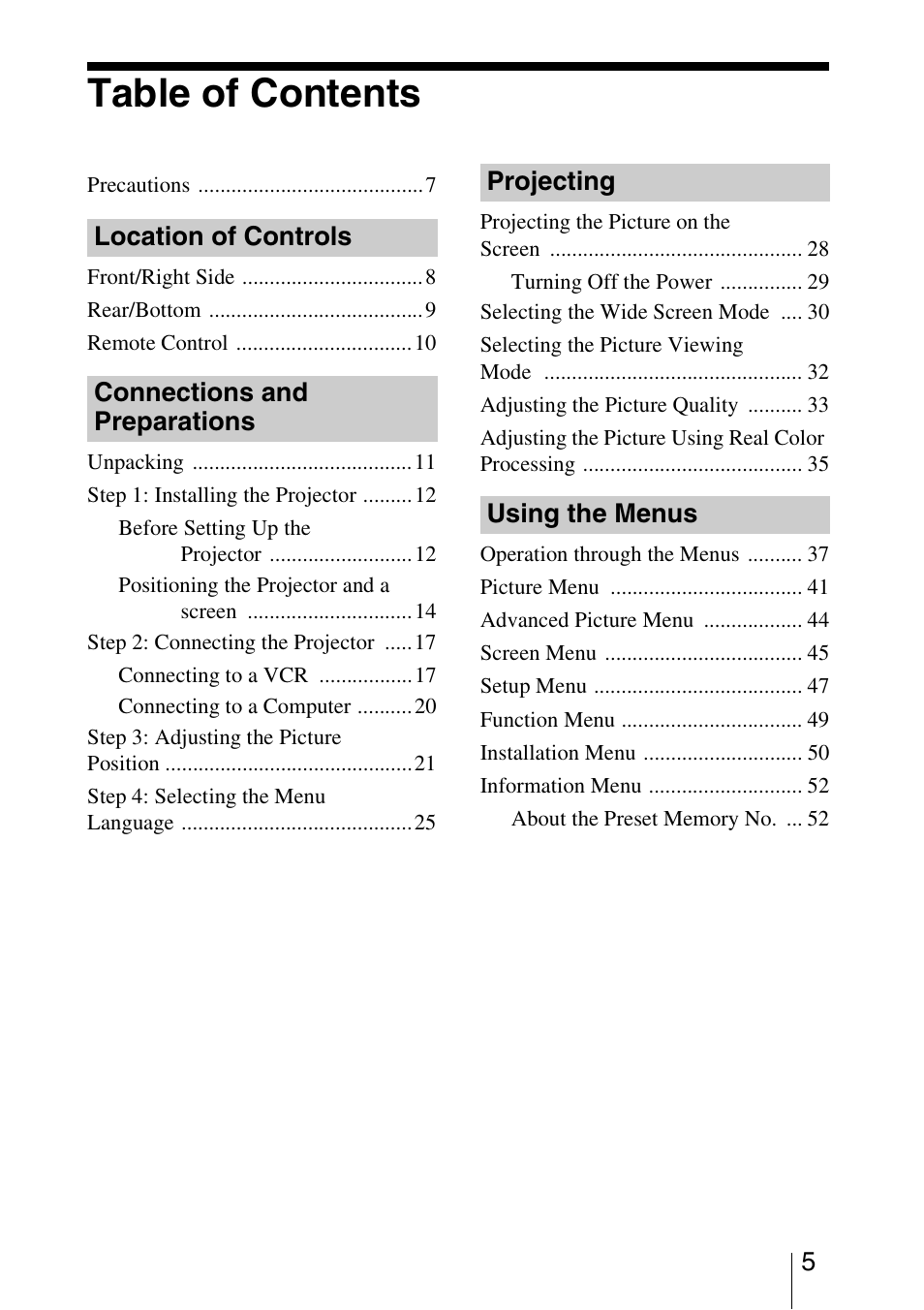 Sony VPL-VW50 User Manual | Page 5 / 80