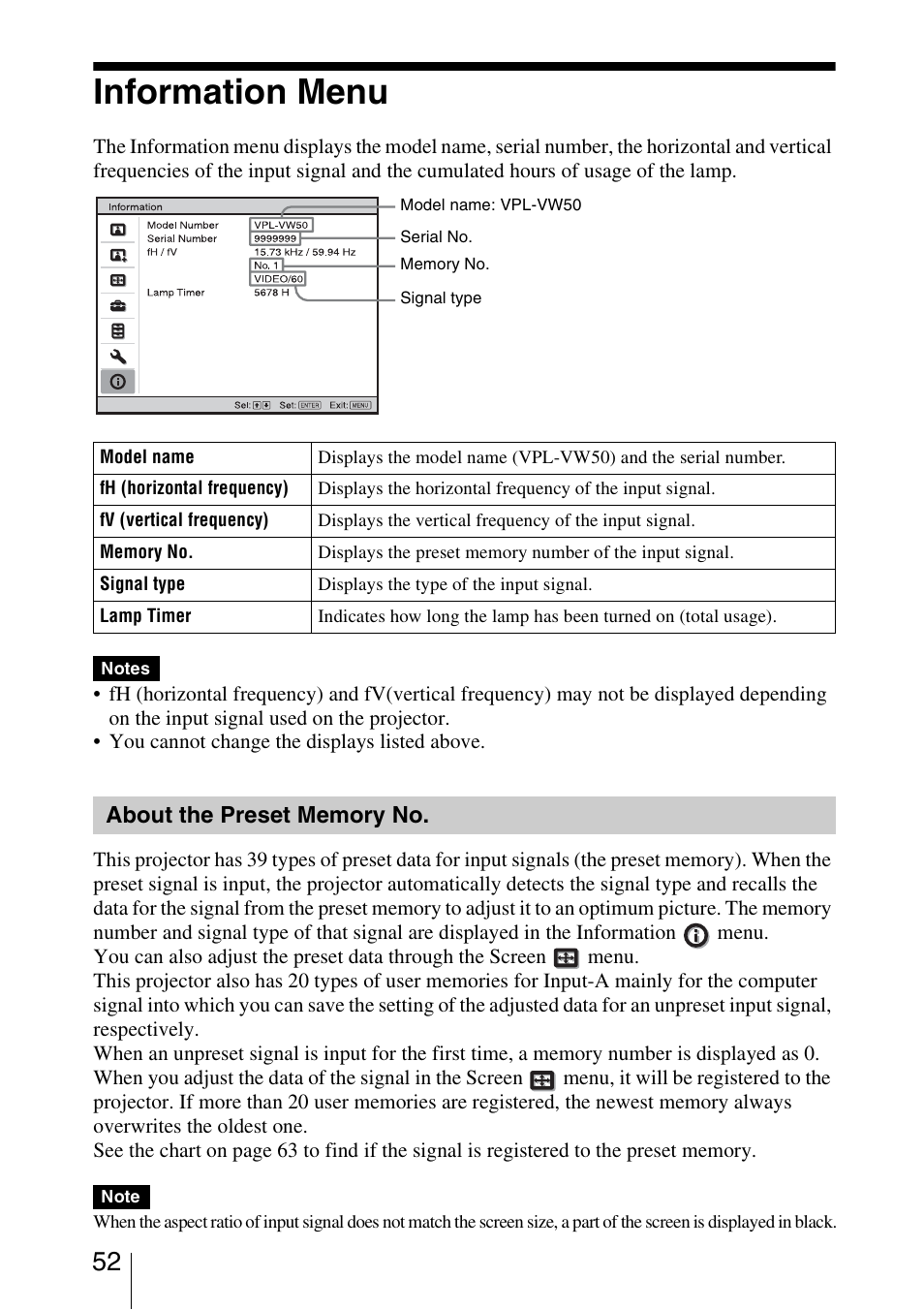 Information menu, About the preset memory no | Sony VPL-VW50 User Manual | Page 52 / 80