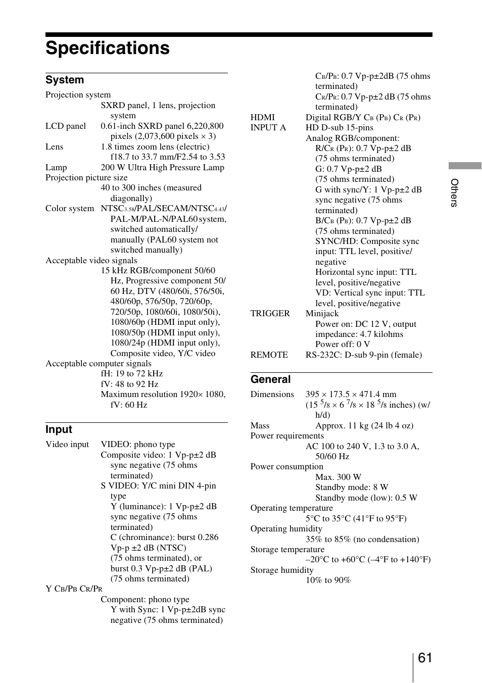 Specifications, System, Input | General | Sony VPL-VW50 User Manual | Page 61 / 80