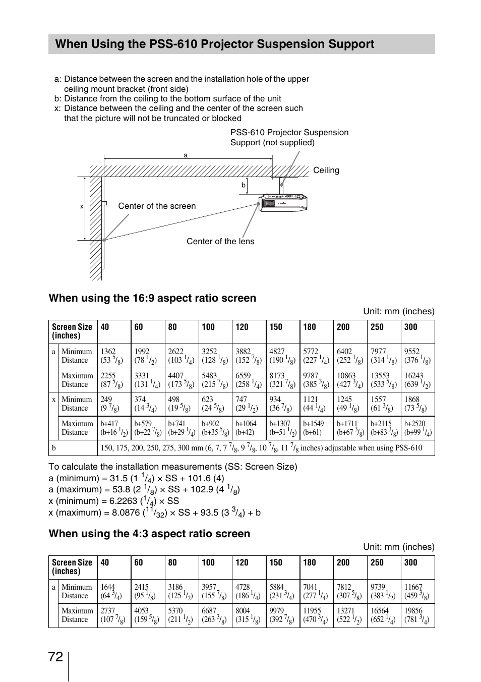 When using the pss-610 projector, Suspension support, When using the 16:9 aspect ratio screen | When using the 4:3 aspect ratio screen | Sony VPL-VW50 User Manual | Page 72 / 80