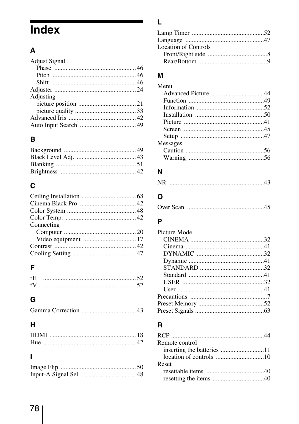 Index | Sony VPL-VW50 User Manual | Page 78 / 80