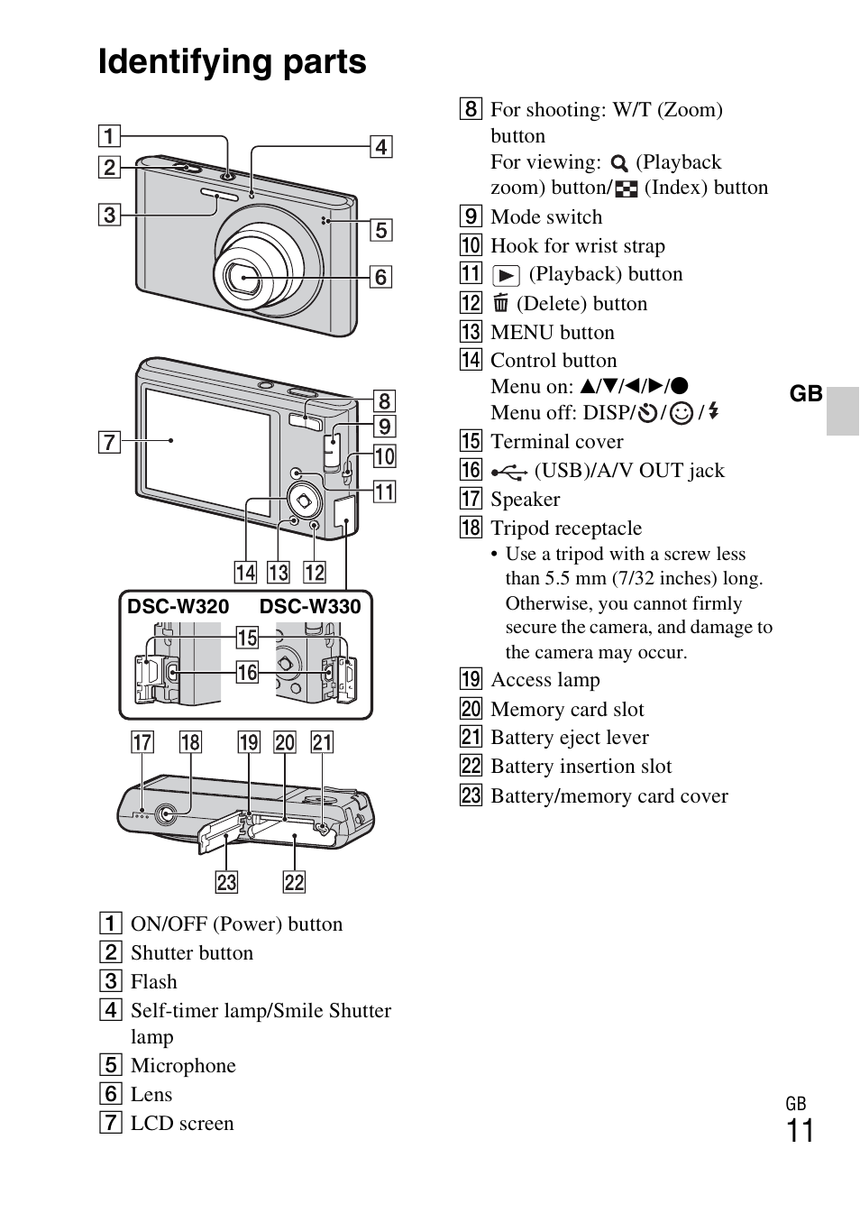 Identifying parts | Sony DSC-W330 User Manual | Page 11 / 60