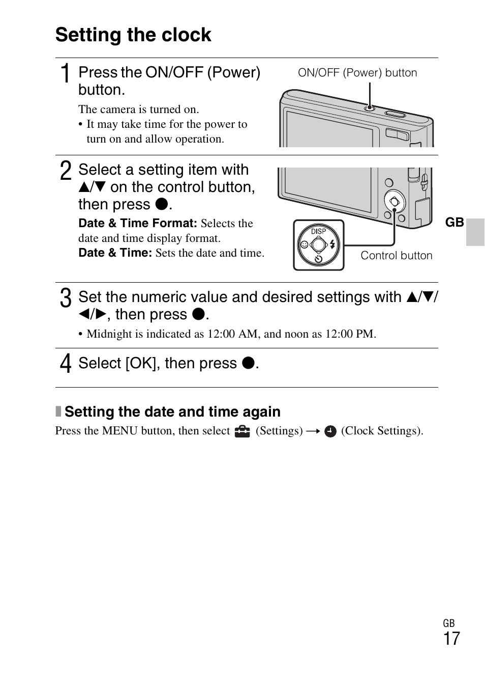 Setting the clock | Sony DSC-W330 User Manual | Page 17 / 60