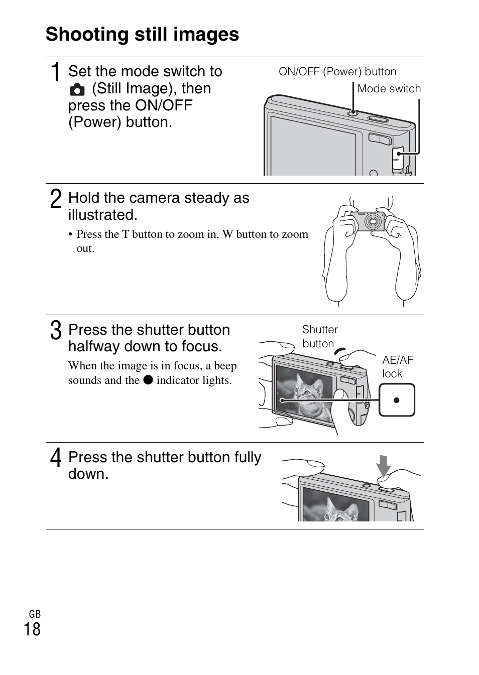 Shooting still images | Sony DSC-W330 User Manual | Page 18 / 60